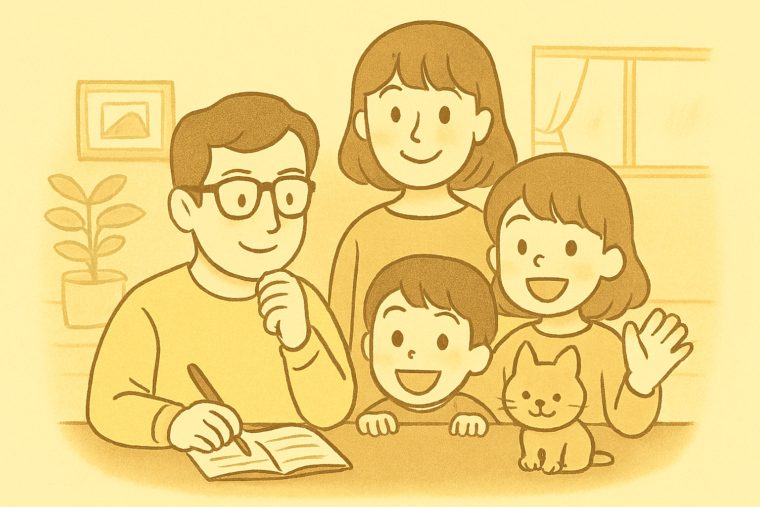 家族がテーブルを囲むあたたかいイラスト
