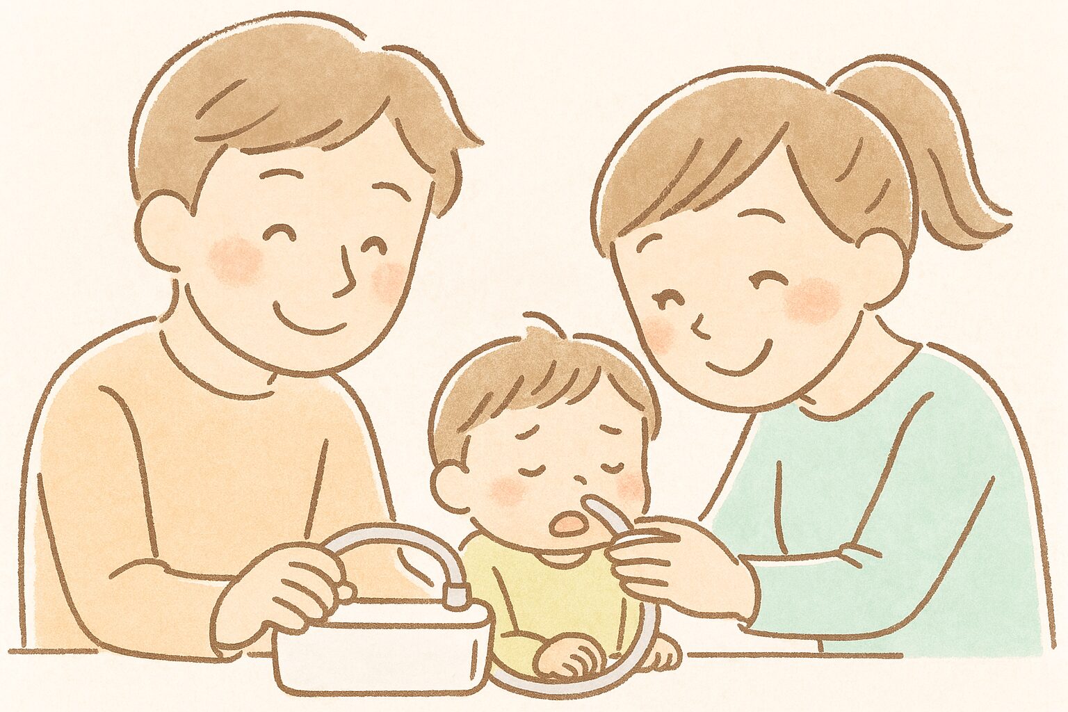 「メルシーポットで子どもの鼻水を吸引するお父さんとお母さんのイラスト。家庭で協力してケアしている様子」