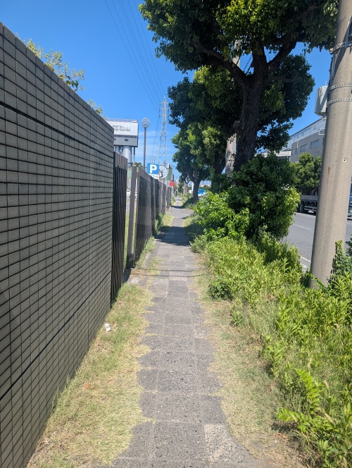 公道の歩道（レンガ壁側）