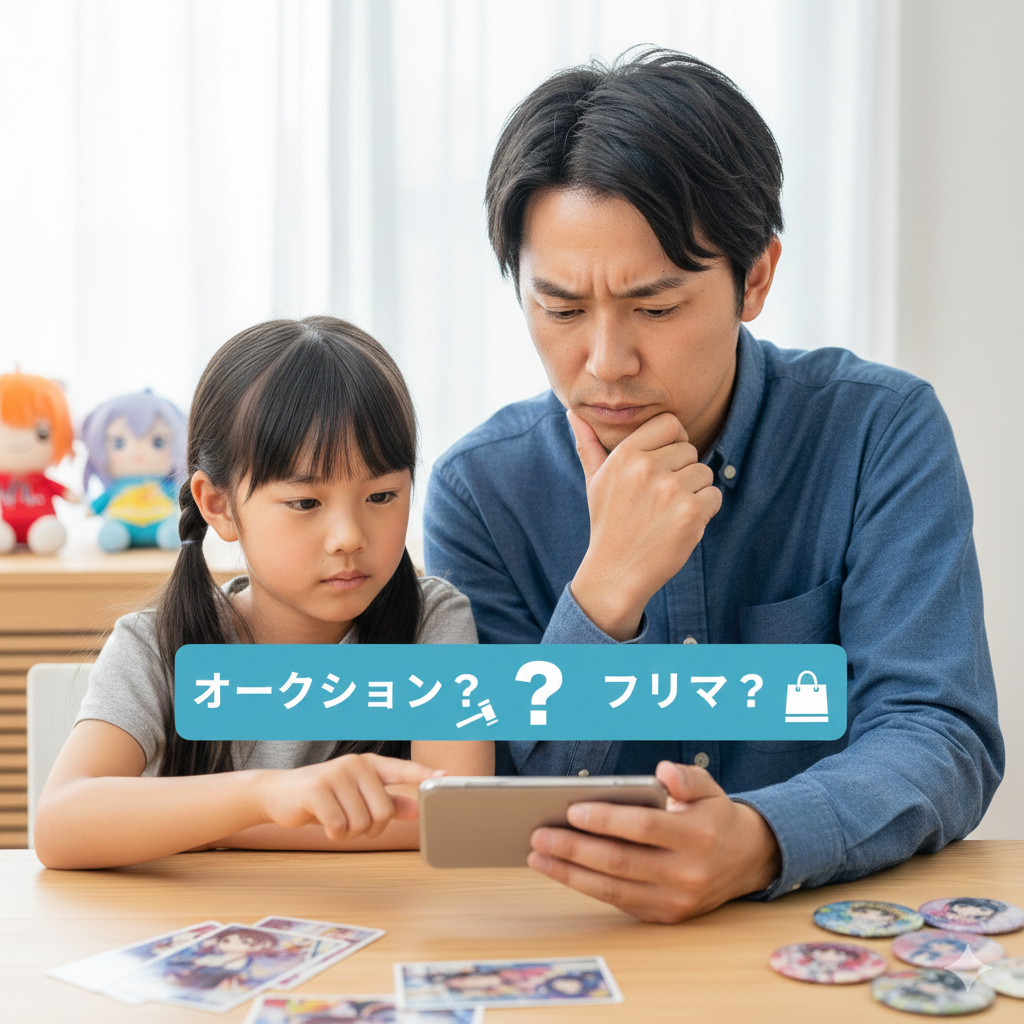 ヤフオクとYahoo!フリマの使い分けに悩むパパと娘のイラスト。手数料と利益を比較している様子。