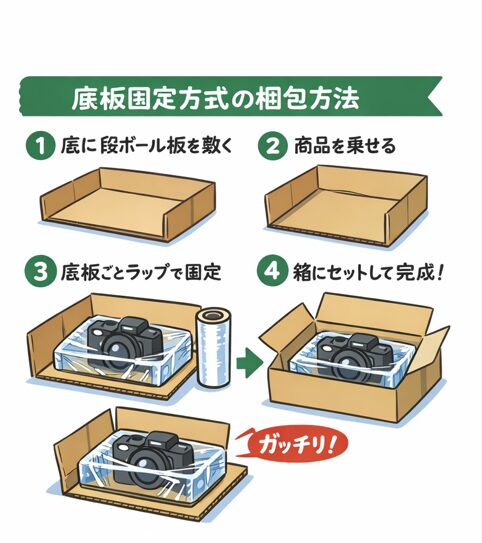 底板固定方式の梱包方法 底板固定方式で中身が動かない梱包を作る手順の図解