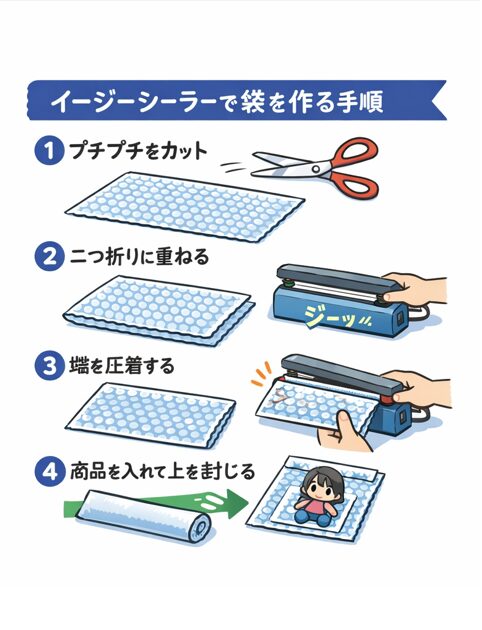 イージーシーラーで袋を作る手順 イージーシーラーでプチプチ袋を作る手順の図解