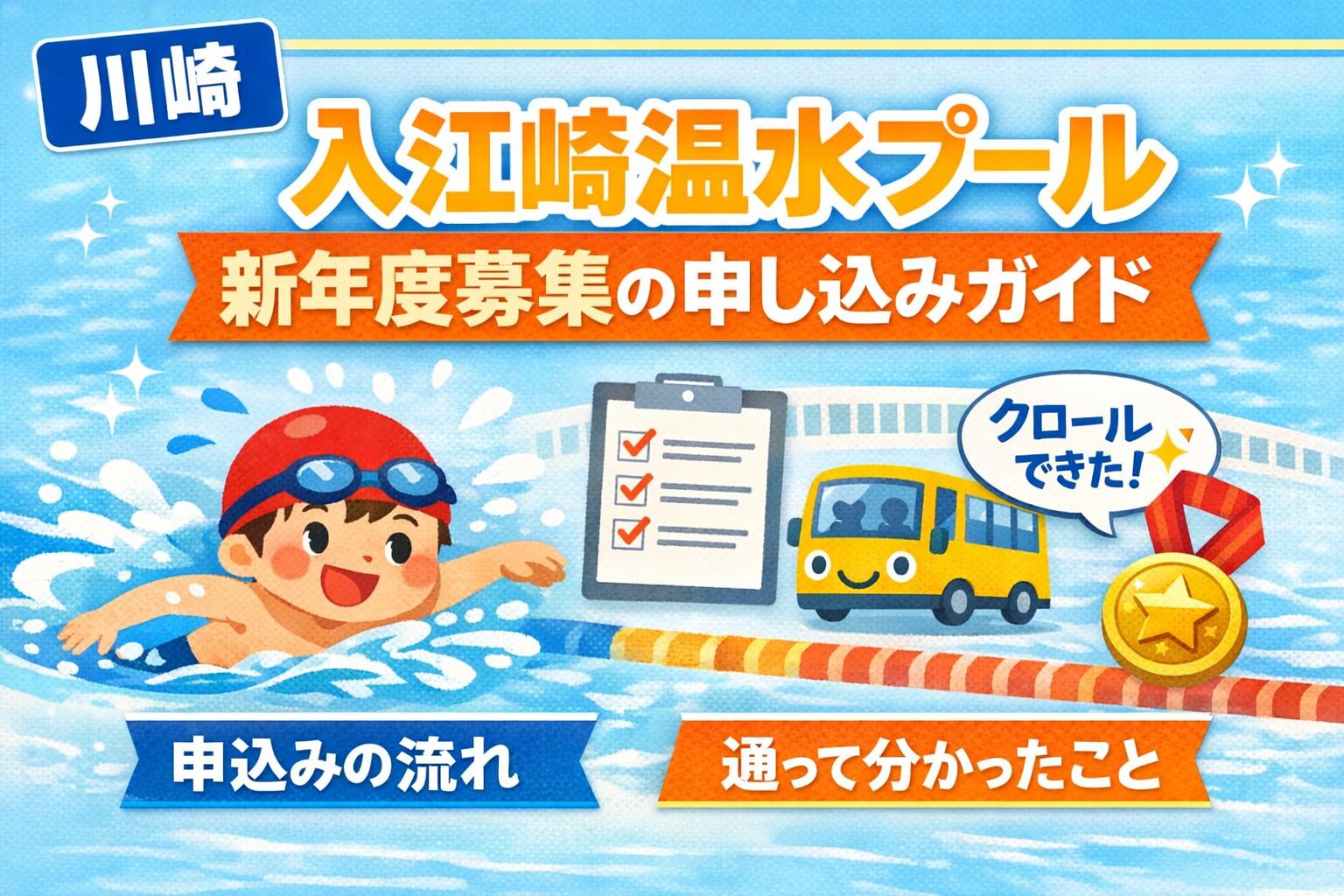 川崎市の入江崎温水プール新年度募集の案内図。申し込みの流れやバス利用、通って分かったことをまとめたイラスト。