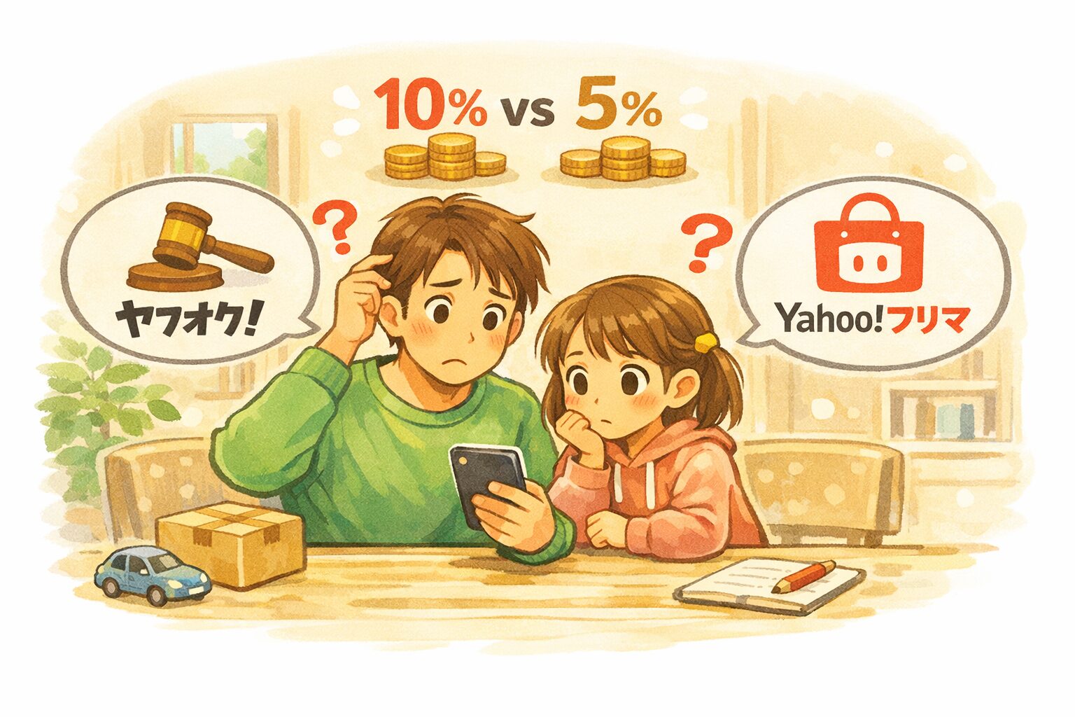 父と娘がスマホを見ながらヤフオクとYahoo!フリマの手数料を比較して悩むイラスト