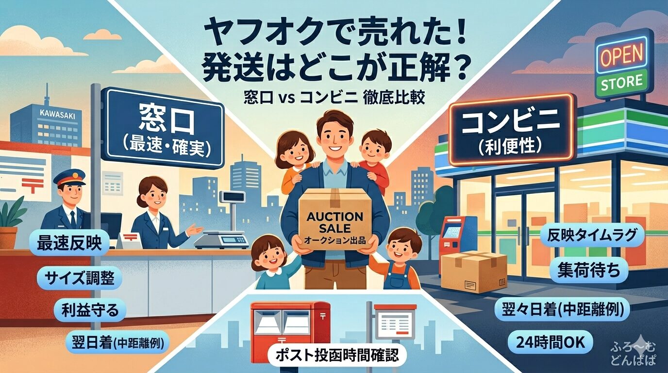 ヤフオク発送の窓口とコンビニの違いを比較するサムネイル画像。どんぱぱとその家族、ヤマト運輸、日本郵便のイメージイラスト。